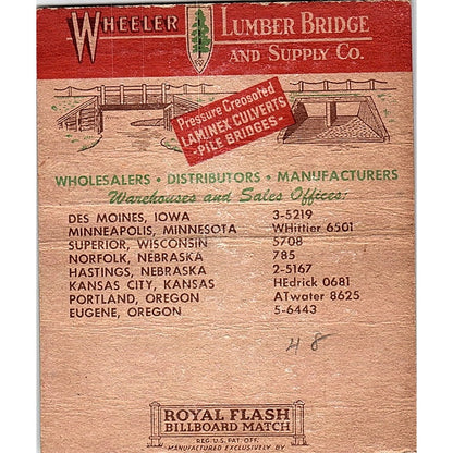 Wheeler Lumber Bridge & Supply Co Des Moines IA Vtg Large Matchbook Cover ML1-8
