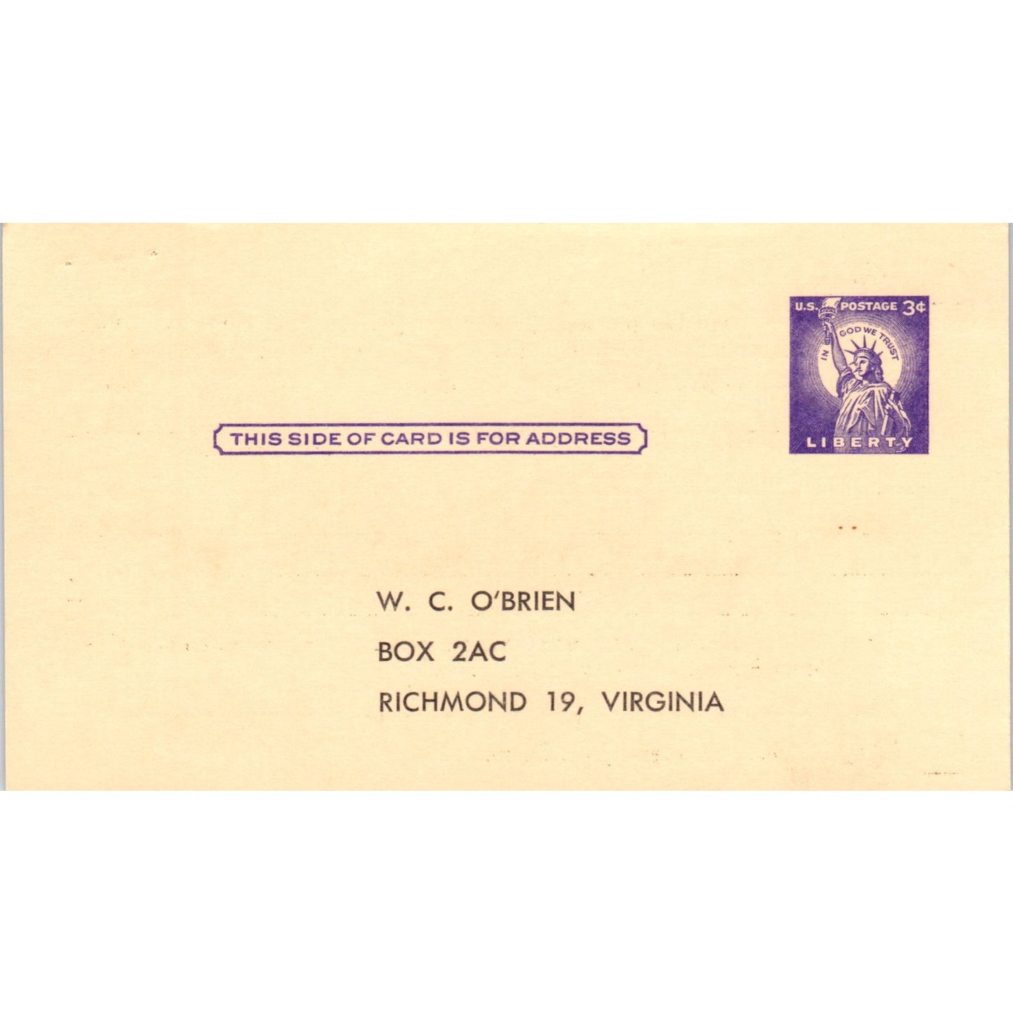 W.C. O'Brien Richmond Dinner of Engineers & Scientists Postal Mailing Card PE7