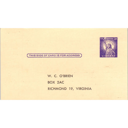 W.C. O'Brien Richmond Dinner of Engineers & Scientists Postal Mailing Card PE7