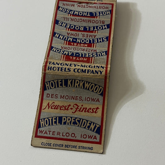 Hotel Kirkwood Des Moines Hotel President Waterloo Iowa Vtg Matchbook MB60-1