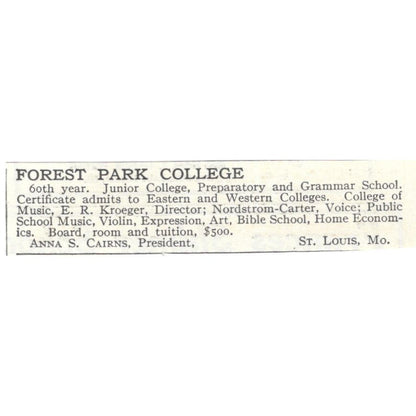 Forest Park College Anna S. Cairns St. Louis MO c1918 Advertisement AE5-SA11
