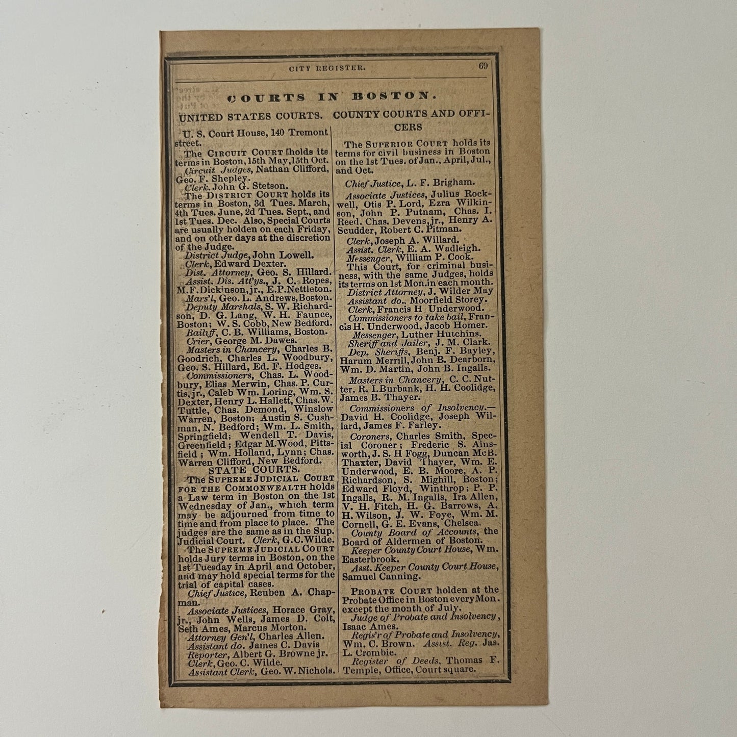 Boston US County Courts Listings 1871 Boston Almanac Clipping SAI2-H4