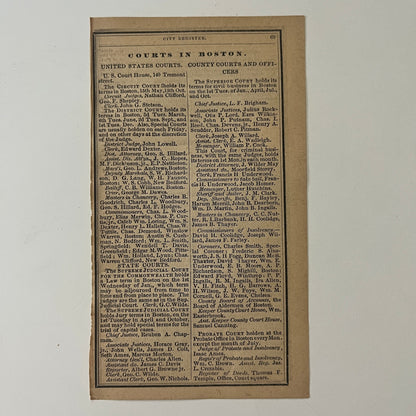 Boston US County Courts Listings 1871 Boston Almanac Clipping SAI2-H4