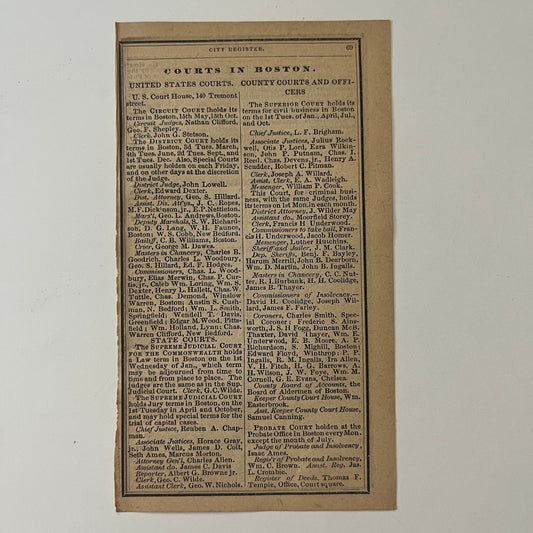 Boston US County Courts Listings 1871 Boston Almanac Clipping SAI2-H4