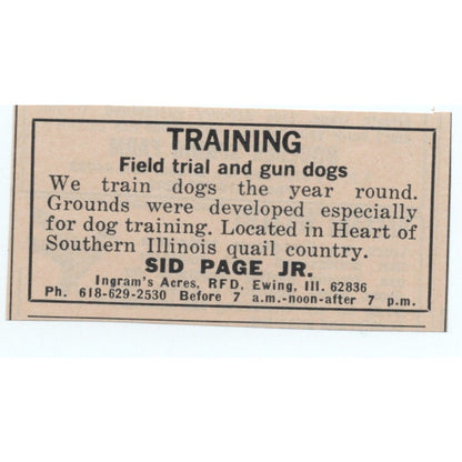 Sid Page Jr Dog Training Ingram's Acres Ewing IL 1977 Ad AF6-M4