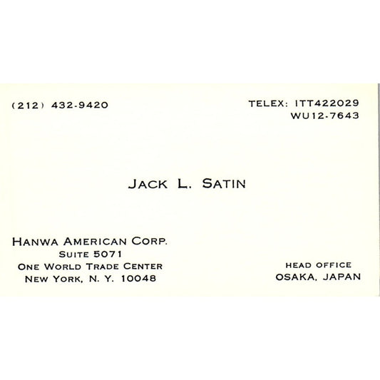 Jack L Satin Hanwa American Corp New York Vintage Business Card SC9-B6