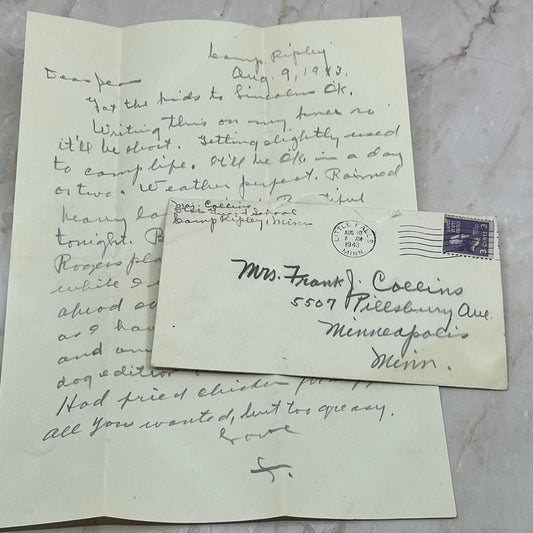 1943 WWII Letter From Camp Ripley to Minneapolis MN Mrs. Frank Collins AE3