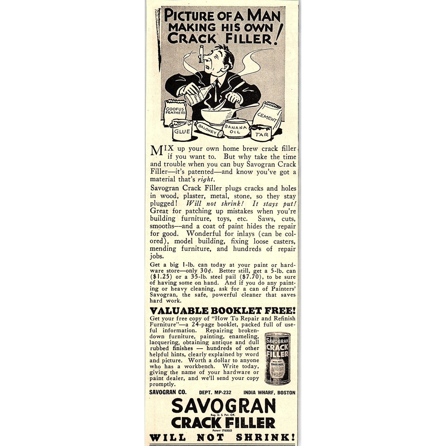 Savogran Crack Filler Savogran Co India Wharf Boston MA 1931 Ad AG1-14