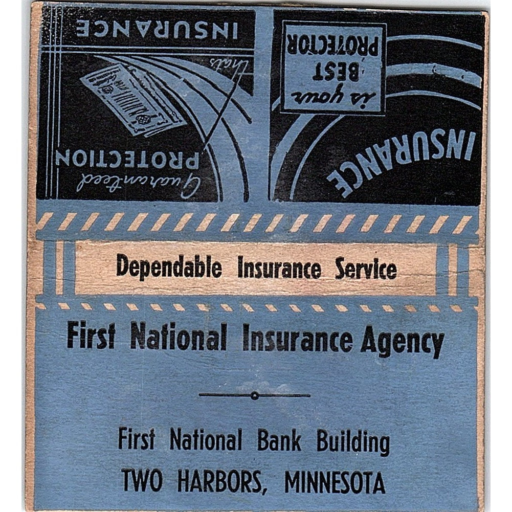First National Ins Agency Two Harbors MN Vintage Large Matchbook Cover TH2-Y1