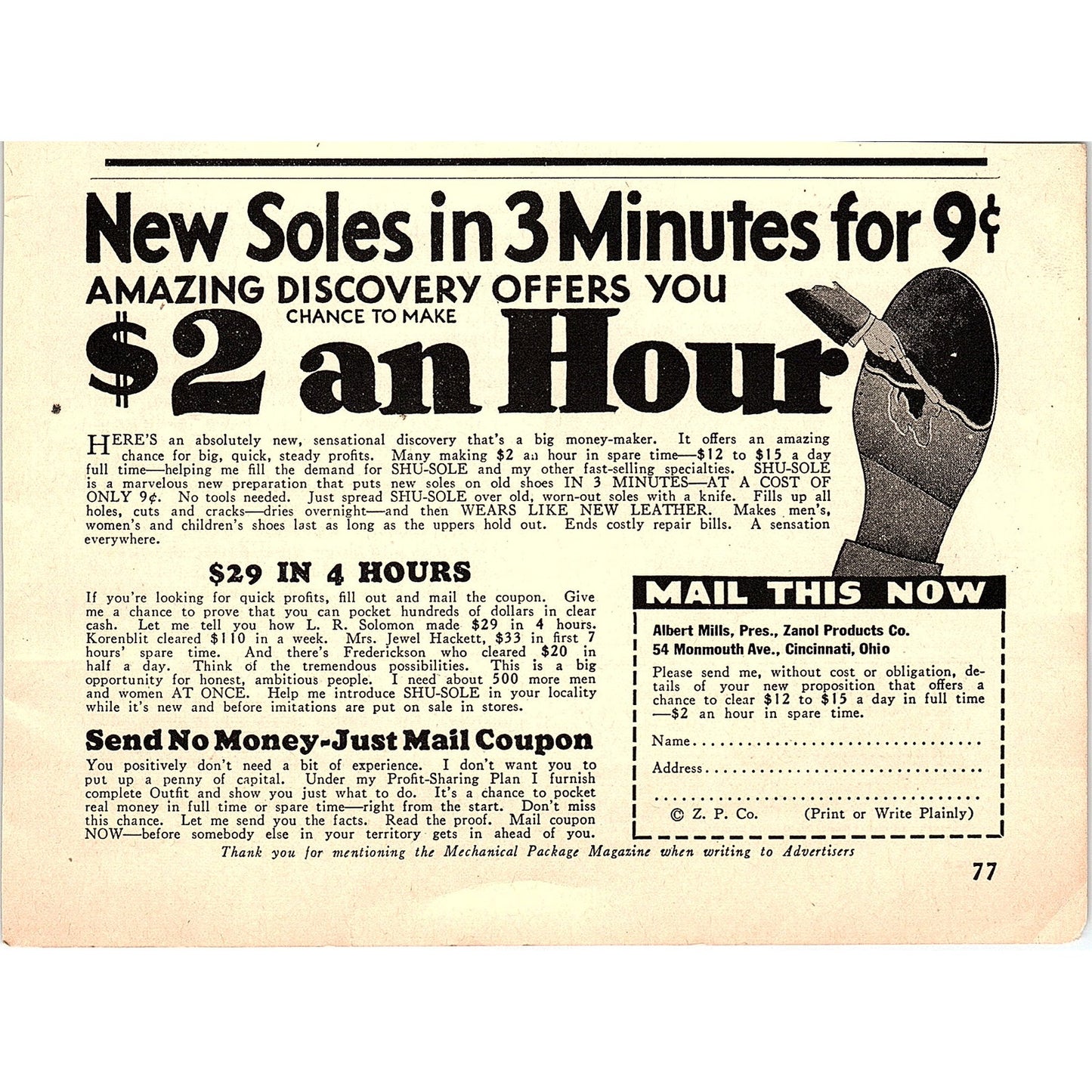 Shu-Sole Shoe Sole Repair Albert Mills Zanol Product Cincinnati 1931 Ad AG1-14