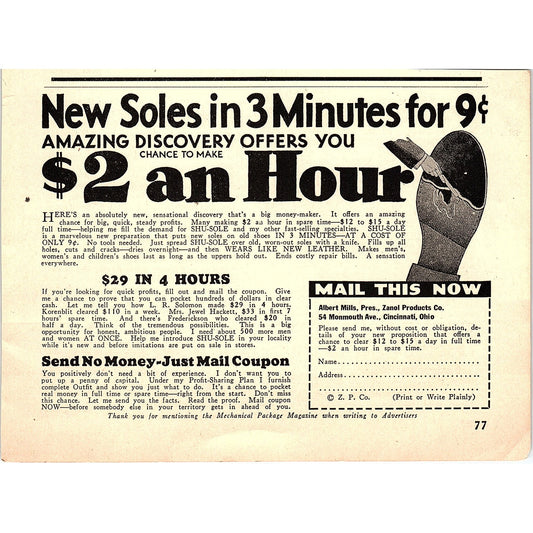 Shu-Sole Shoe Sole Repair Albert Mills Zanol Product Cincinnati 1931 Ad AG1-14