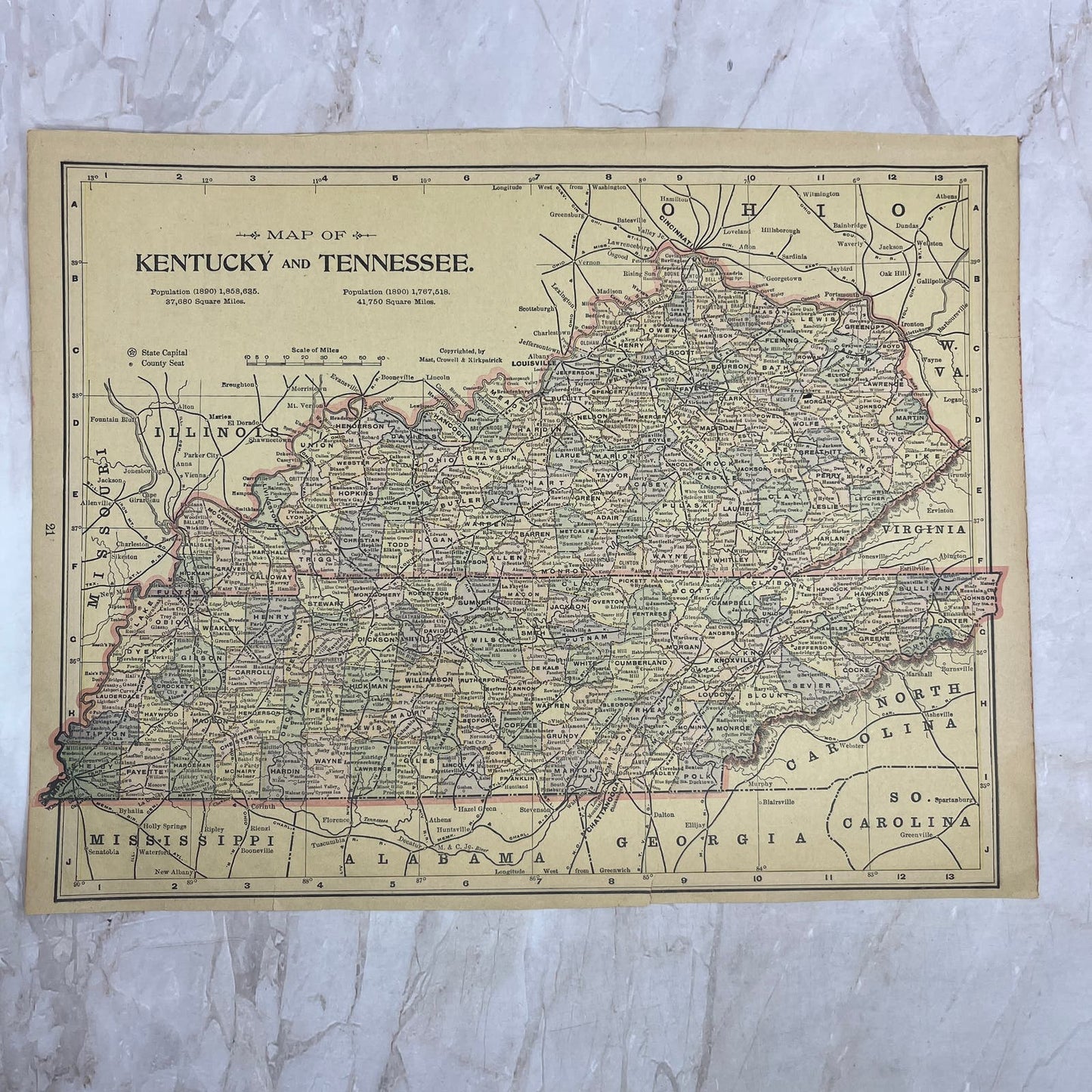 1899 Map of Kentucky and Tennessee 10x13 Original Tinted Map Engraving FL6-8