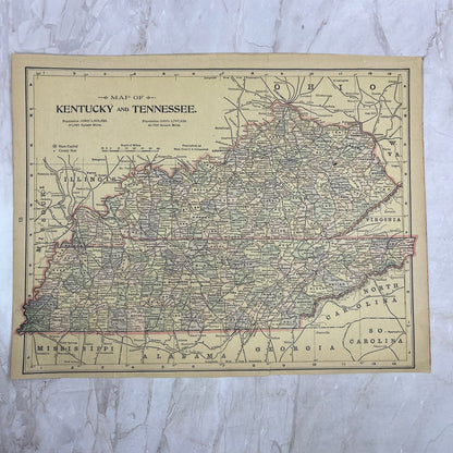 1899 Map of Kentucky and Tennessee 10x13 Original Tinted Map Engraving FL6-8