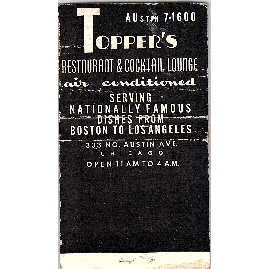 Topper's Restaurant Austin Ave Chicago Vintage Matchbook Cover SC7-Y3