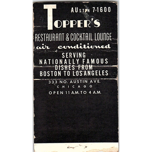 Topper's Restaurant Austin Ave Chicago Vintage Matchbook Cover SC7-Y3