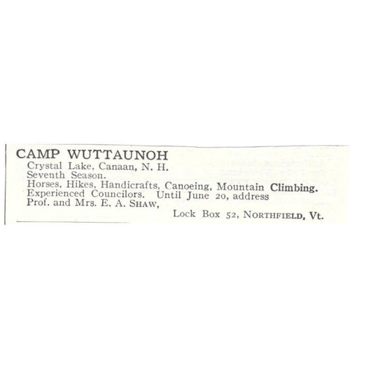 Camp Wuttaunoh Crystal Lake Canaan NH E.A. Shaw c1918 Advertisement AE5-SA7