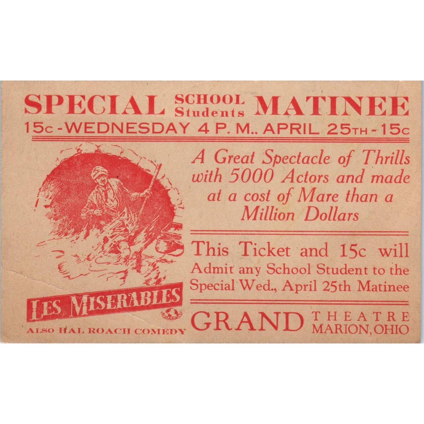 1930s Grand Theatre Marion OH Matinee Advertisement Card Les Miserables AB9