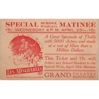 1930s Grand Theatre Marion OH Matinee Advertisement Card Les Miserables AB9