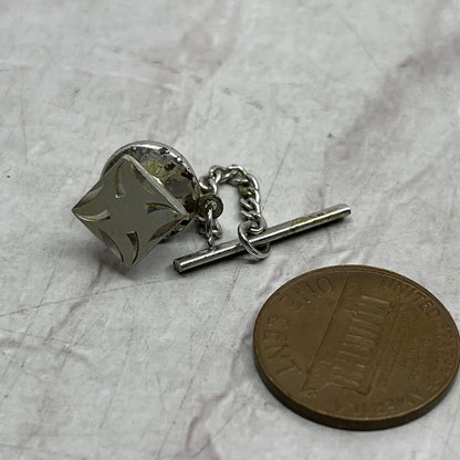 Vintage MCM Square Etched Starburst Design Tie Tack Pin & Chain Silver Tone SE5