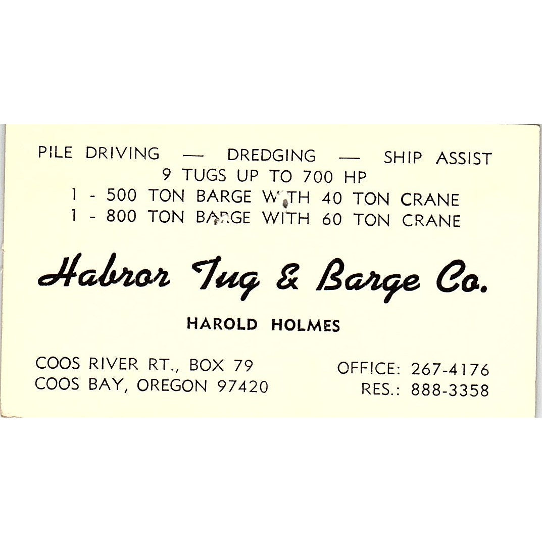 Harold Holmes Harbor Tug & Barge Co Coos Bay OR Vintage Business Card SD9-B8