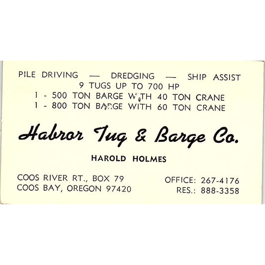 Harold Holmes Harbor Tug & Barge Co Coos Bay OR Vintage Business Card SD9-B8