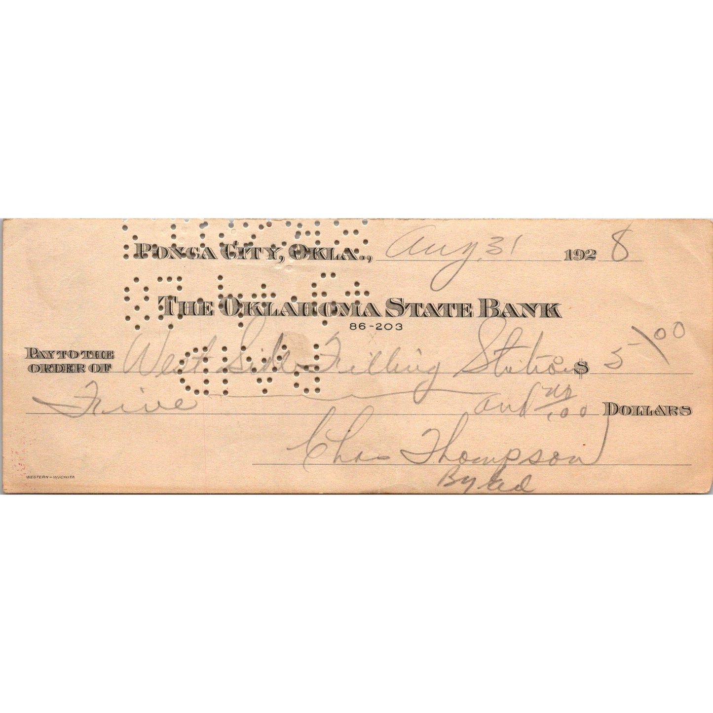 1928 Ponca City Oklahoma First National Bank Check AK7-7