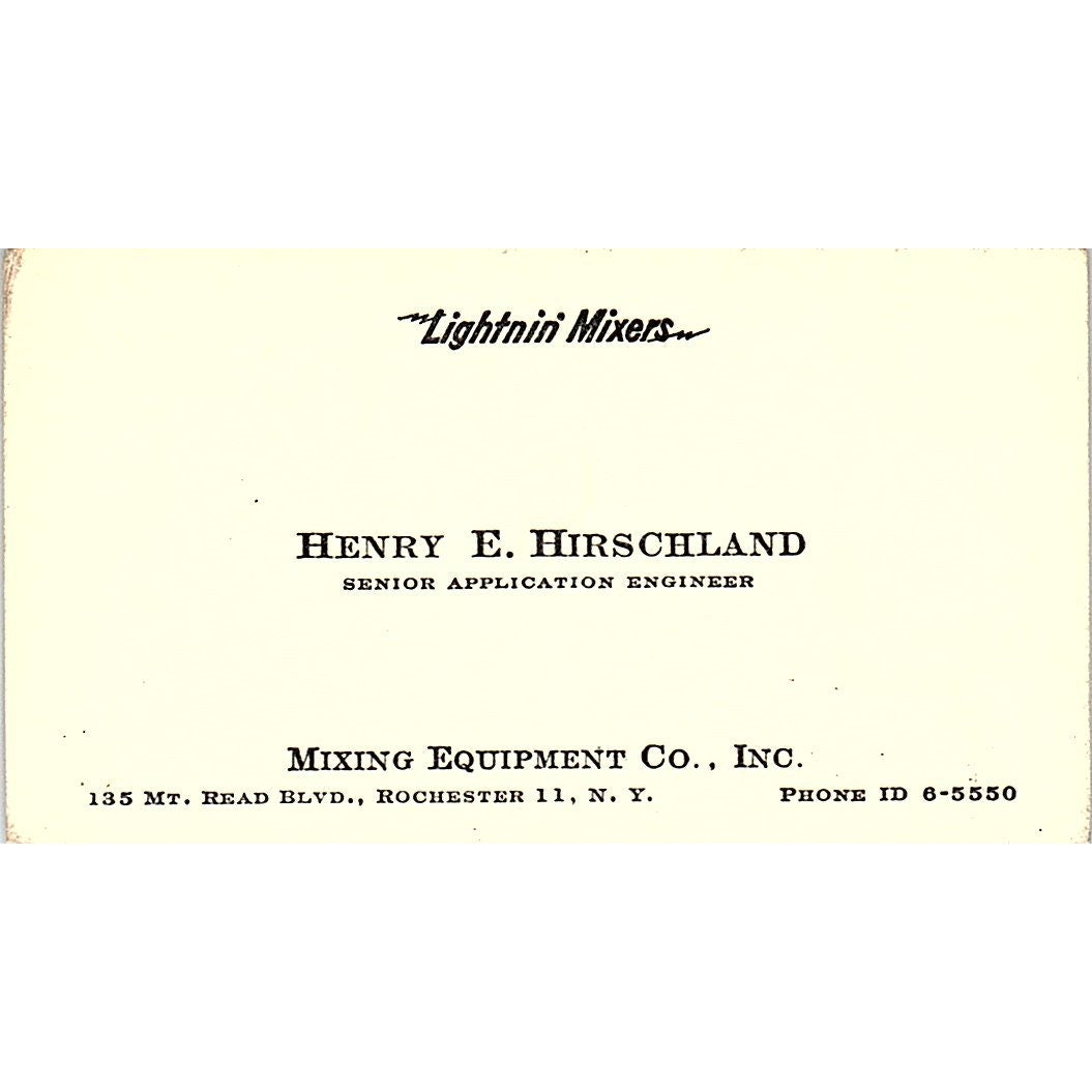 Mixing Equipment Henry E Hirschland Rochester 11 NY Vintage Business Card SB4-B4