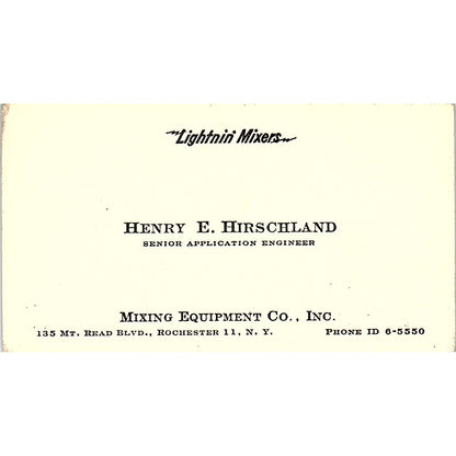 Mixing Equipment Henry E Hirschland Rochester 11 NY Vintage Business Card SB4-B4