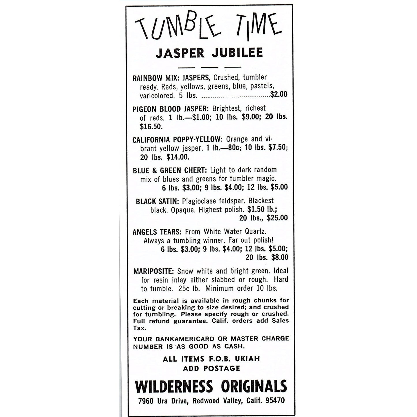 Wilderness Originals Tumble Time Jasper Jubilee Redwood Valley CA 1972 Ad AF8-H2