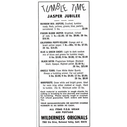 Wilderness Originals Tumble Time Jasper Jubilee Redwood Valley CA 1972 Ad AF8-H2