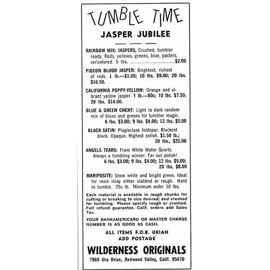 Wilderness Originals Tumble Time Jasper Jubilee Redwood Valley CA 1972 Ad AF8-H2