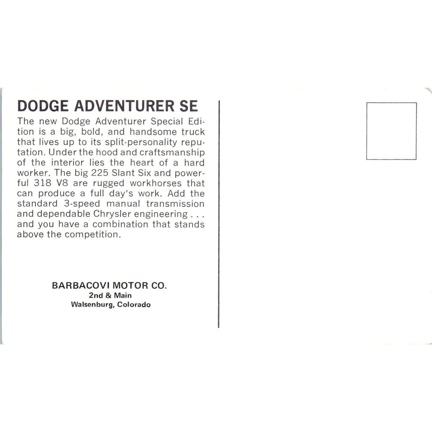 1971 Dodge Adventurer Pickup truck Barbacovi Motor Co Walsenburg Postcard PC12