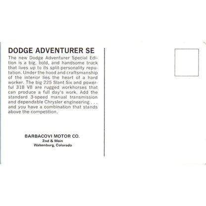 1971 Dodge Adventurer Pickup truck Barbacovi Motor Co Walsenburg Postcard PC12
