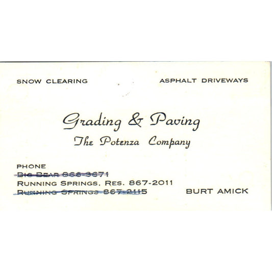 Burt Amick Grading & Paving Potenza Running Springs Vintage Business Card SD8-B3