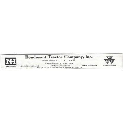 Bondurant Tractor Company Inc New Holland Martinsville VA 1960s Ad AG2-5