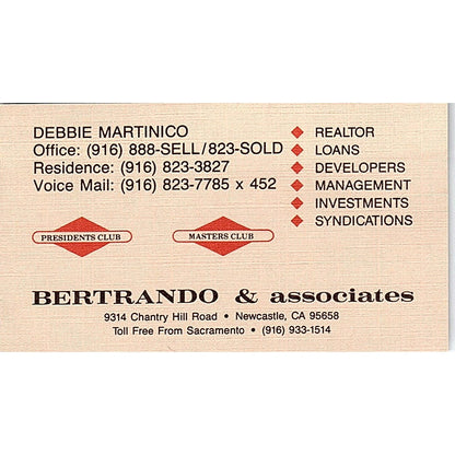 Debbie Martinico Bertrando & Assoc Newcastle CA Vintage Business Card SC9-B5