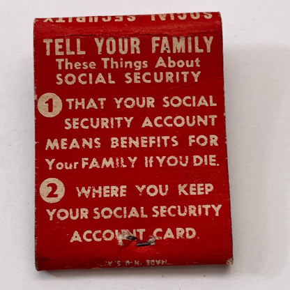Social Security - Benefits For Your Family Vintage Matchbook Cover TB8-MB3-3