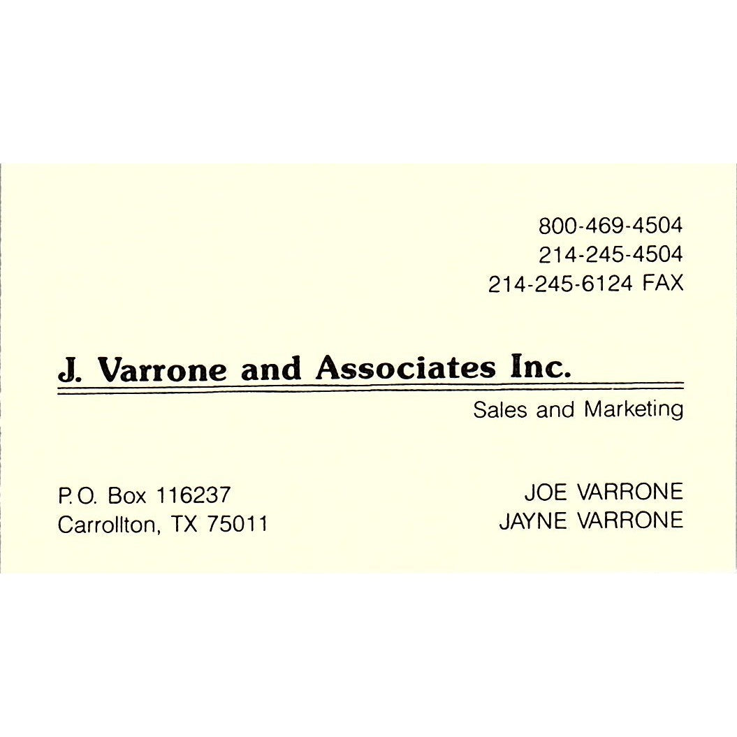 Joe & Jayne Varrone & Associates Carrolton TX Vintage Business Card SC9-B11