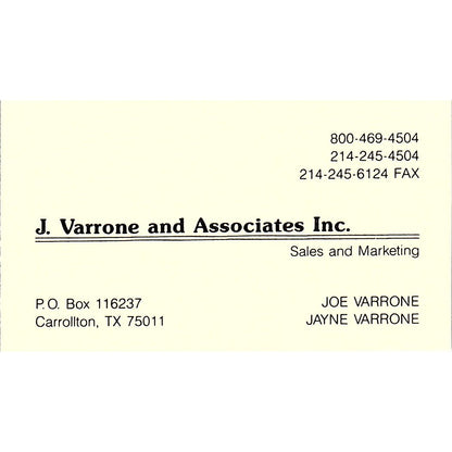 Joe & Jayne Varrone & Associates Carrolton TX Vintage Business Card SC9-B11