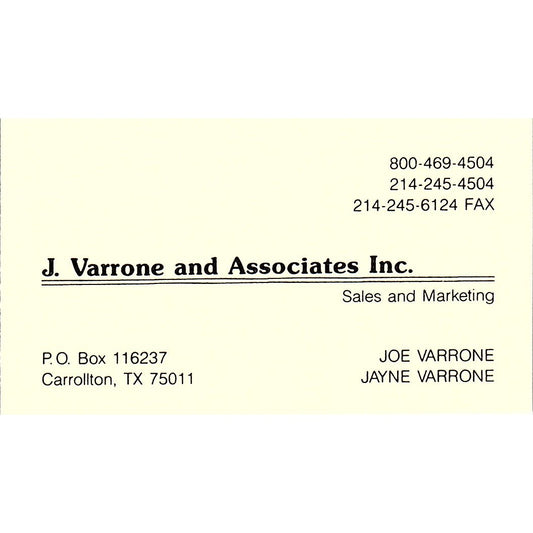 Joe & Jayne Varrone & Associates Carrolton TX Vintage Business Card SC9-B11