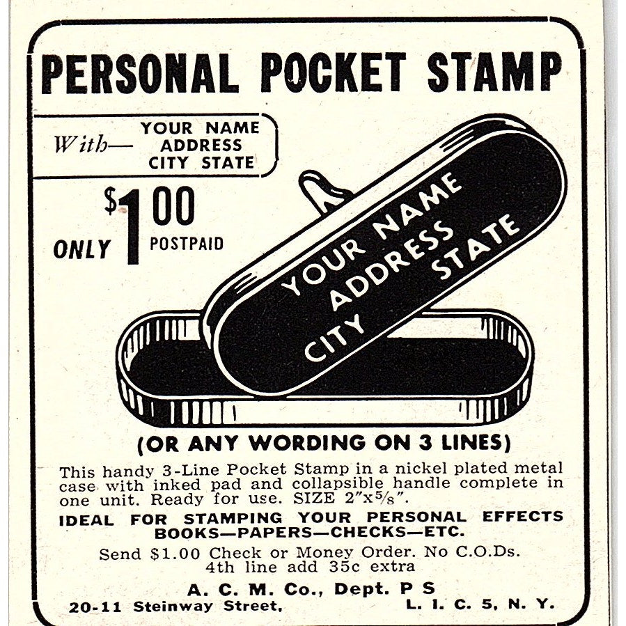 Personal Pocket Stamp A.C.M. Co Long Island NY 1955 Ad AF9-M4