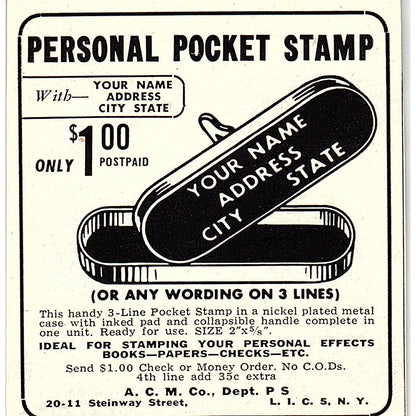 Personal Pocket Stamp A.C.M. Co Long Island NY 1955 Ad AF9-M4