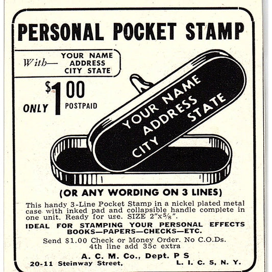 Personal Pocket Stamp A.C.M. Co Long Island NY 1955 Ad AF9-M4