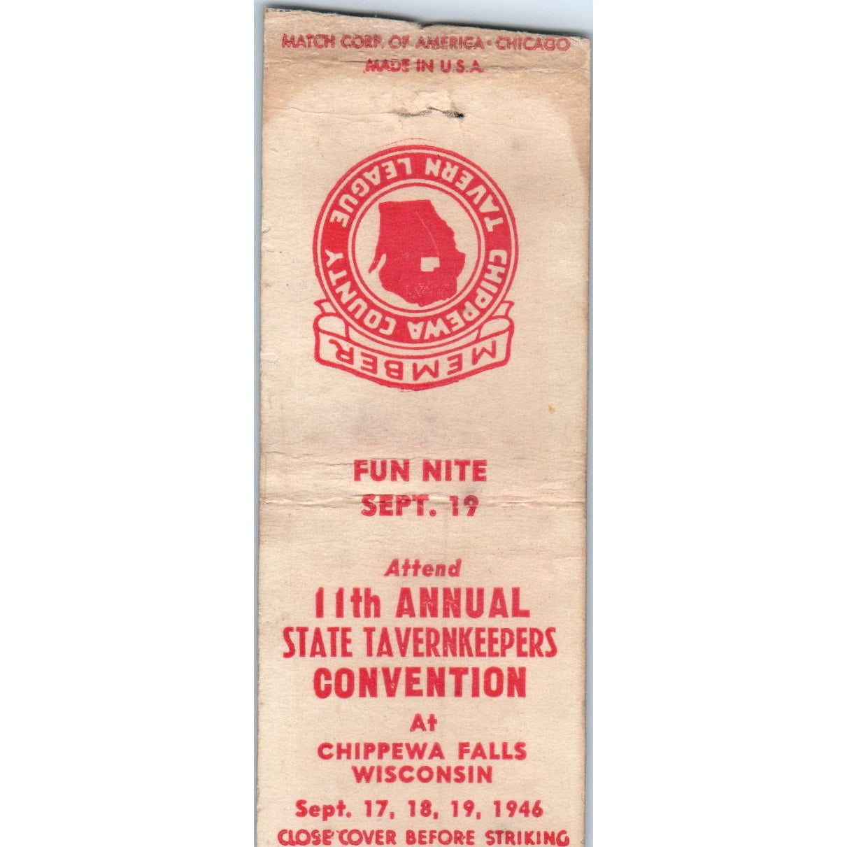 1946 State Tavernkeepers Convention Chippewa Falls WI Vintage Matchbook SD2-Y6