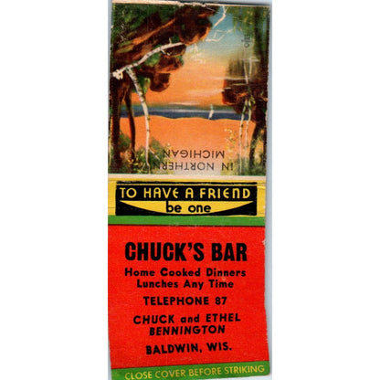 Chuck's Bar Chuck & Ethel Bennington Baldwin WI Vintage Matchbook Cover SD4-Y10