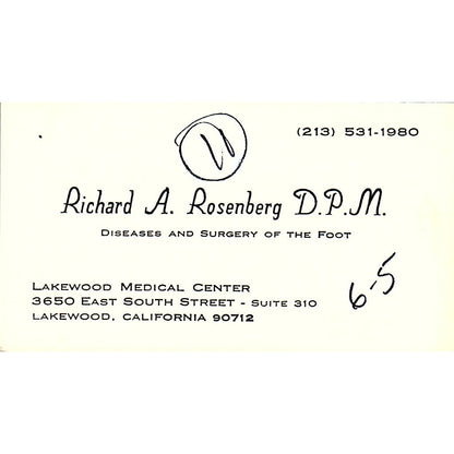 Foot Diseases and Surgery, Richard Rosenberg, Lakewood, CA Business Card SF3-B9