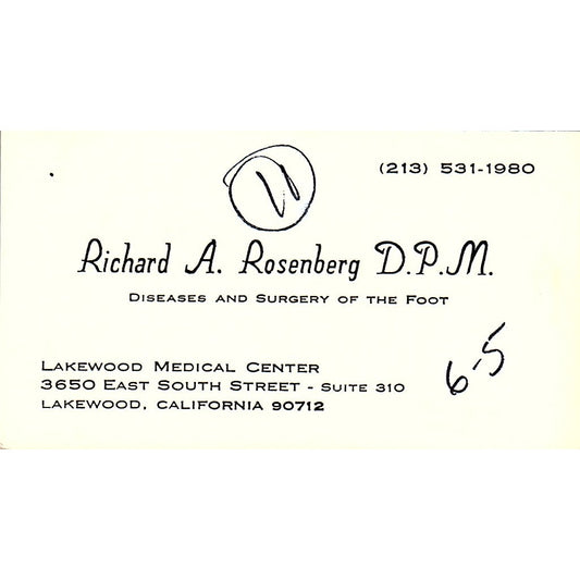 Foot Diseases and Surgery, Richard Rosenberg, Lakewood, CA Business Card SF3-B9