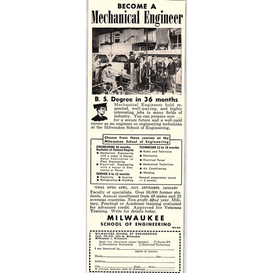Milwaukee School of Engineering Become a Mechanical Engineer 1955 Ad AG1-7