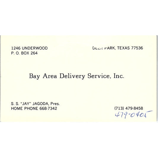 Bay Area Delivery Service S.S. Jay Jagoda Deer Park Texas Business Card SB4-B5