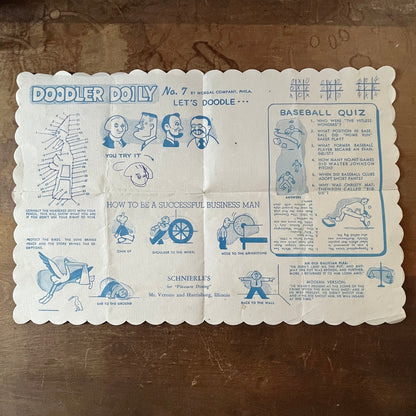 1950s Schnierle's Restaurant Kids Placemat Mt. Vernon IL Doodler Doily AF9-H1
